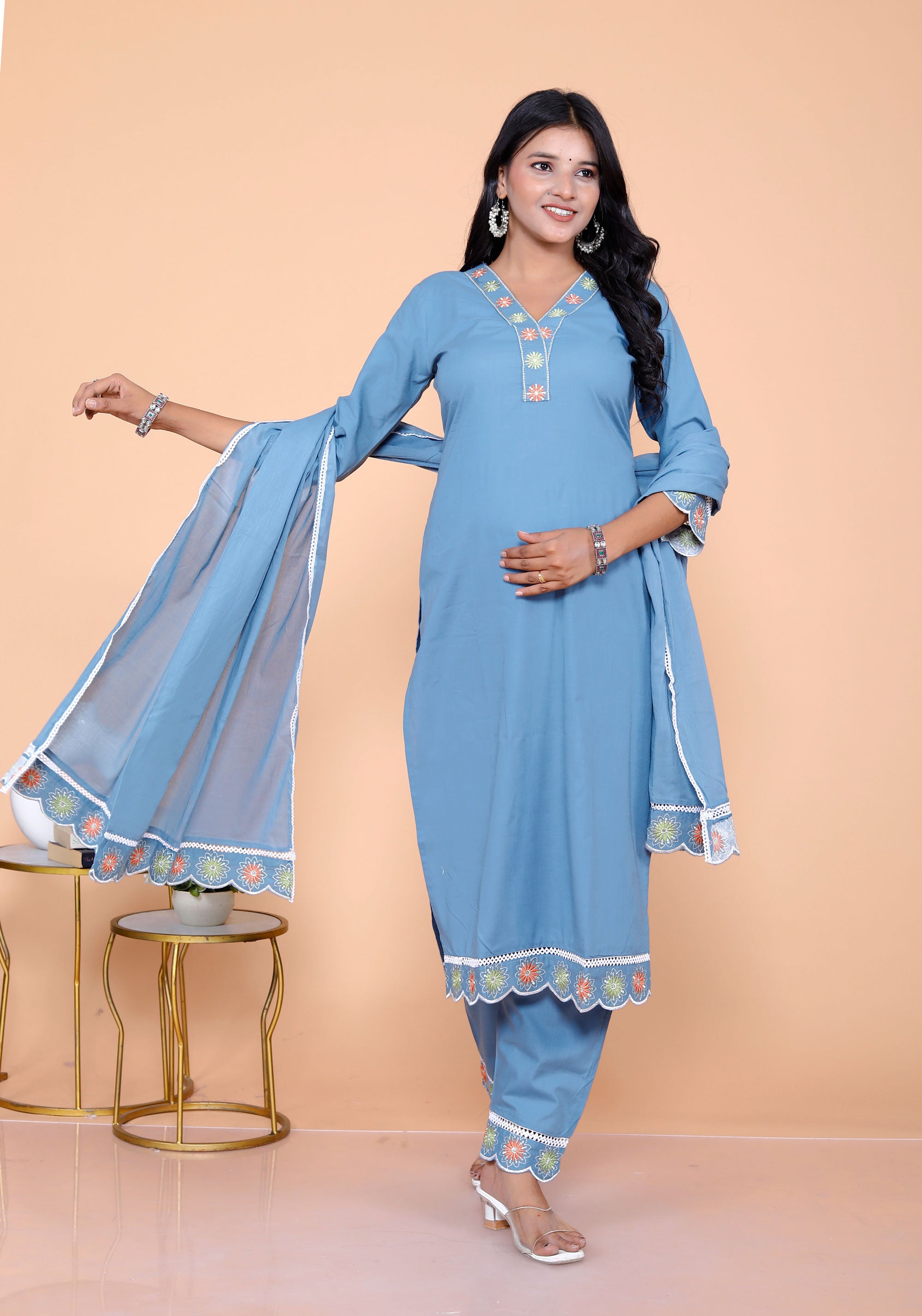 Pure Taj Cotton Embroidered Kurta, Pants & Dupatta Sets