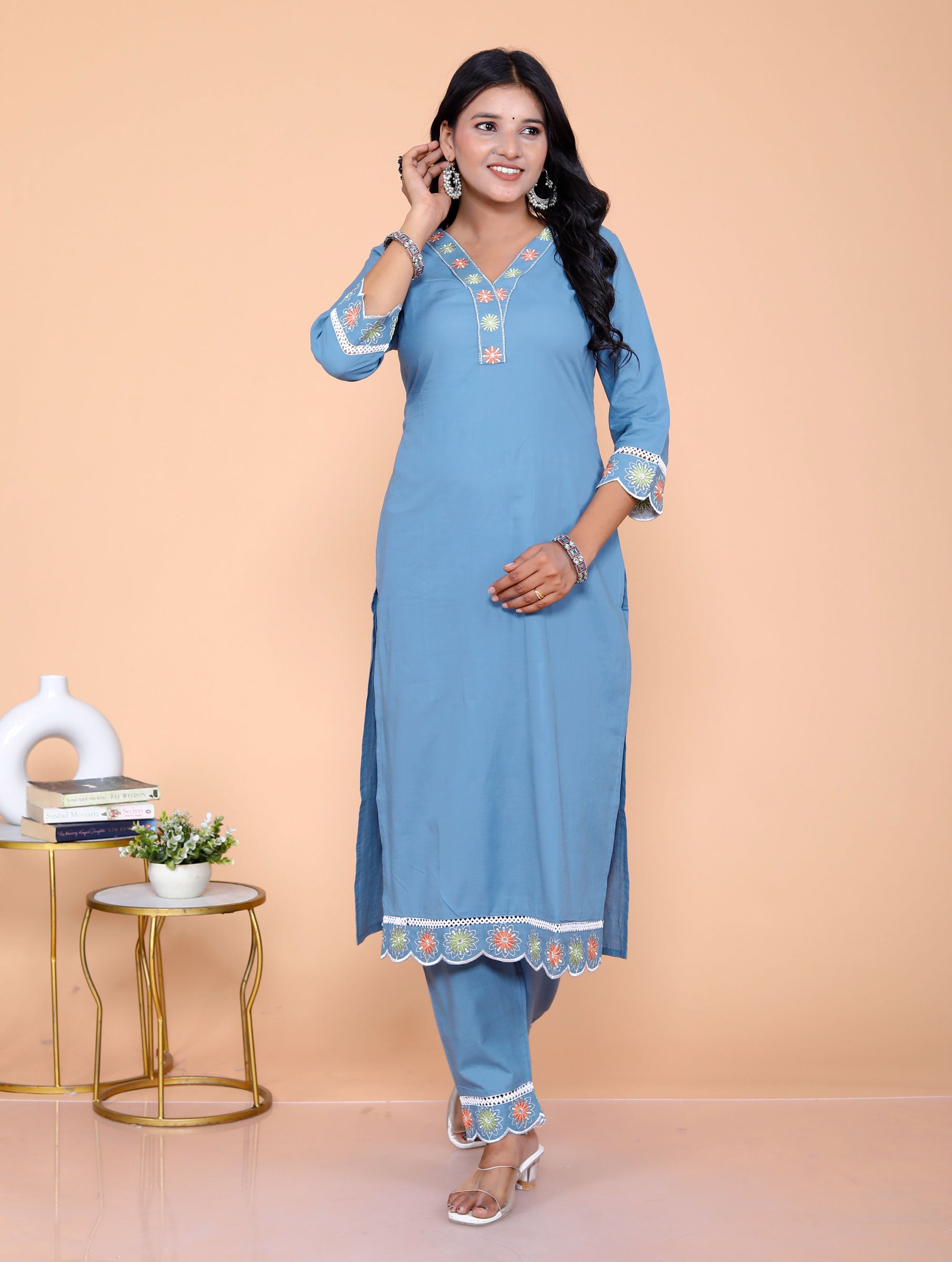 Pure Taj Cotton Embroidered Kurta, Pants & Dupatta Sets