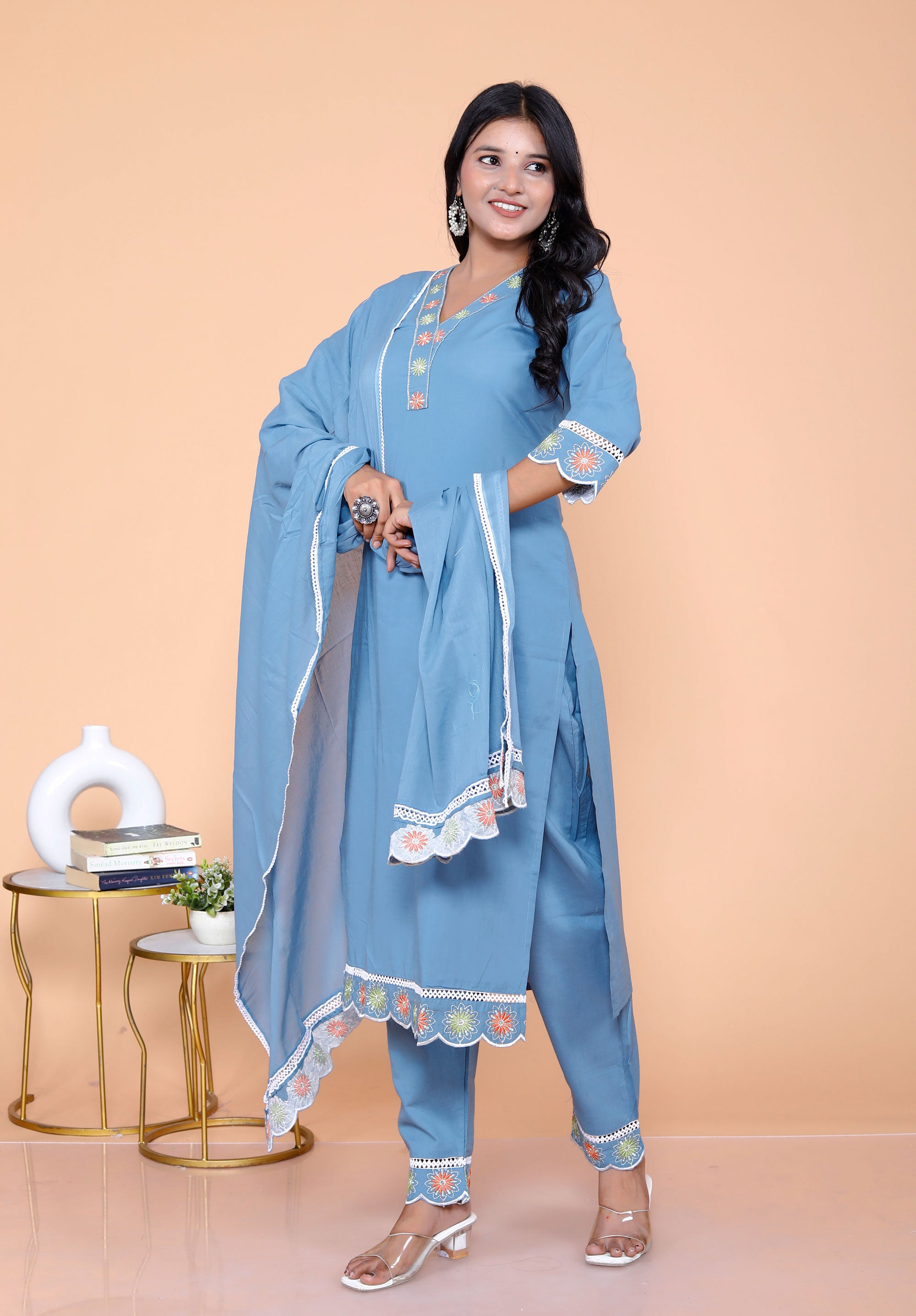 Pure Taj Cotton Embroidered Kurta, Pants & Dupatta Sets