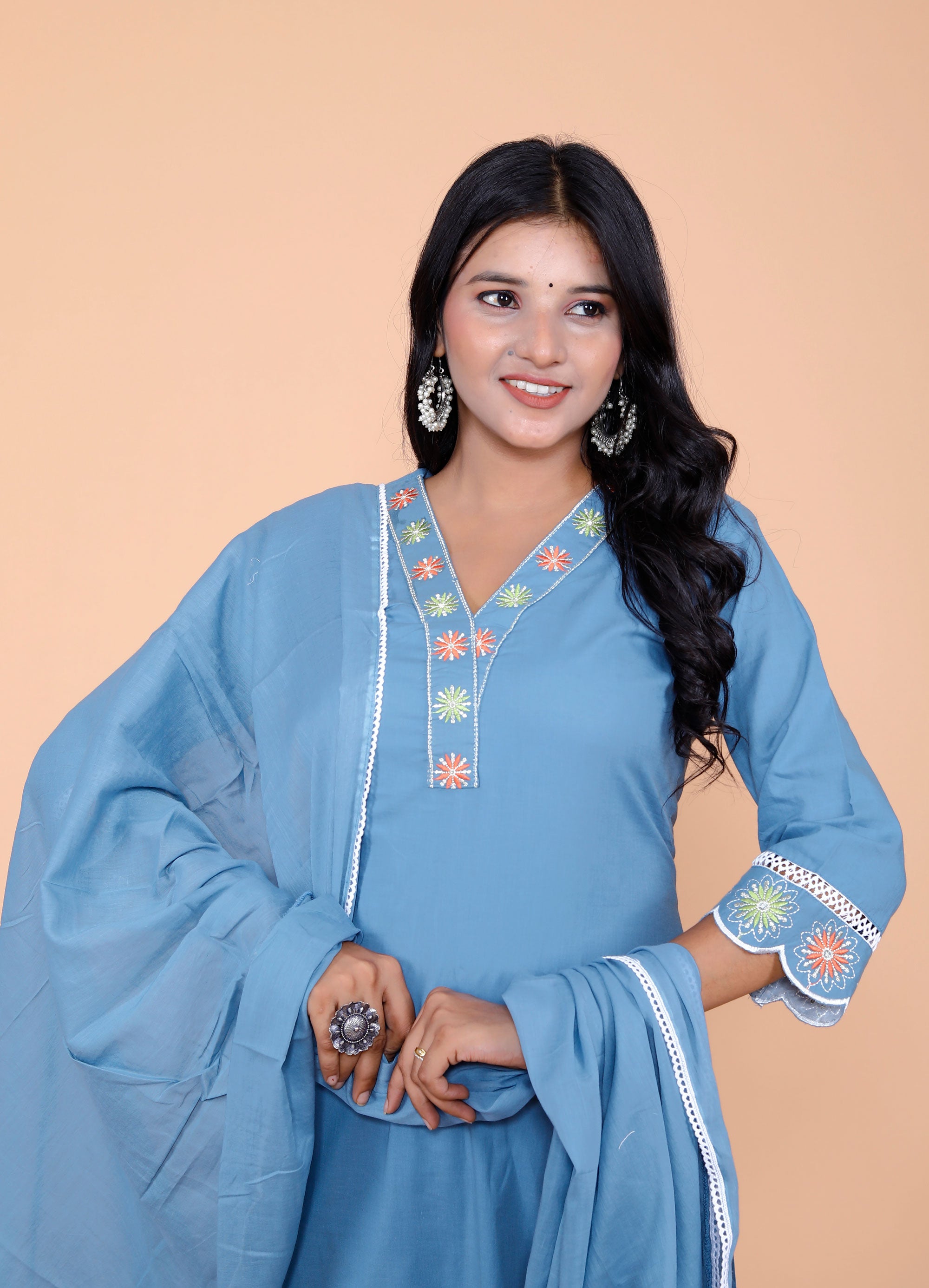 Pure Taj Cotton Embroidered Kurta, Pants & Dupatta Sets