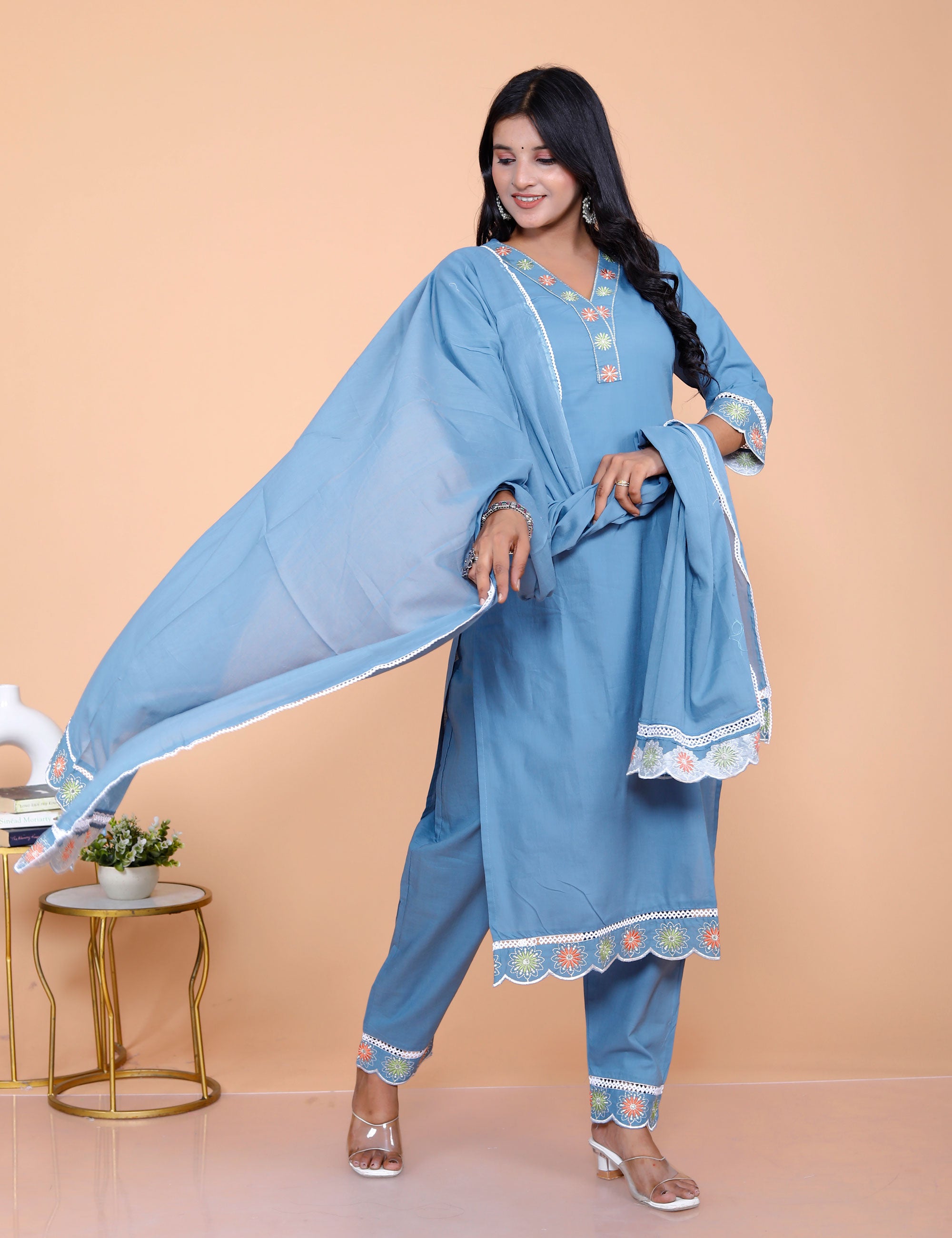 Pure Taj Cotton Embroidered Kurta, Pants & Dupatta Sets