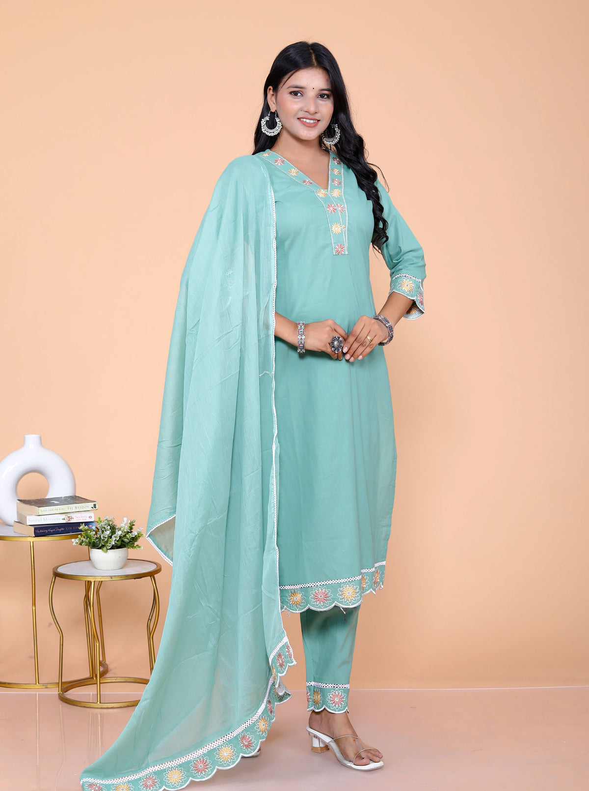 Pure Taj Cotton Embroidered Kurta, Pants & Dupatta Sets