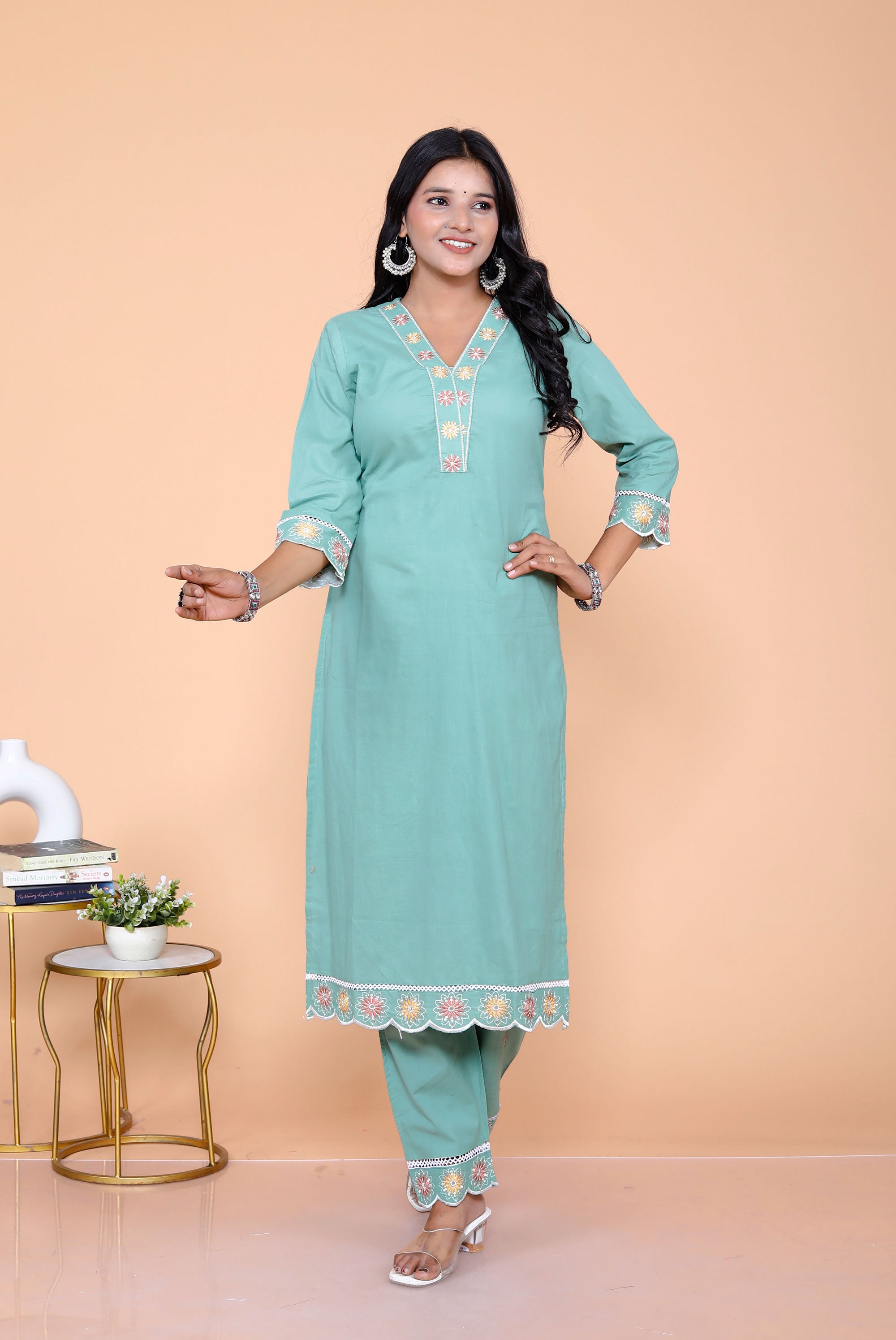 Pure Taj Cotton Embroidered Kurta, Pants & Dupatta Sets