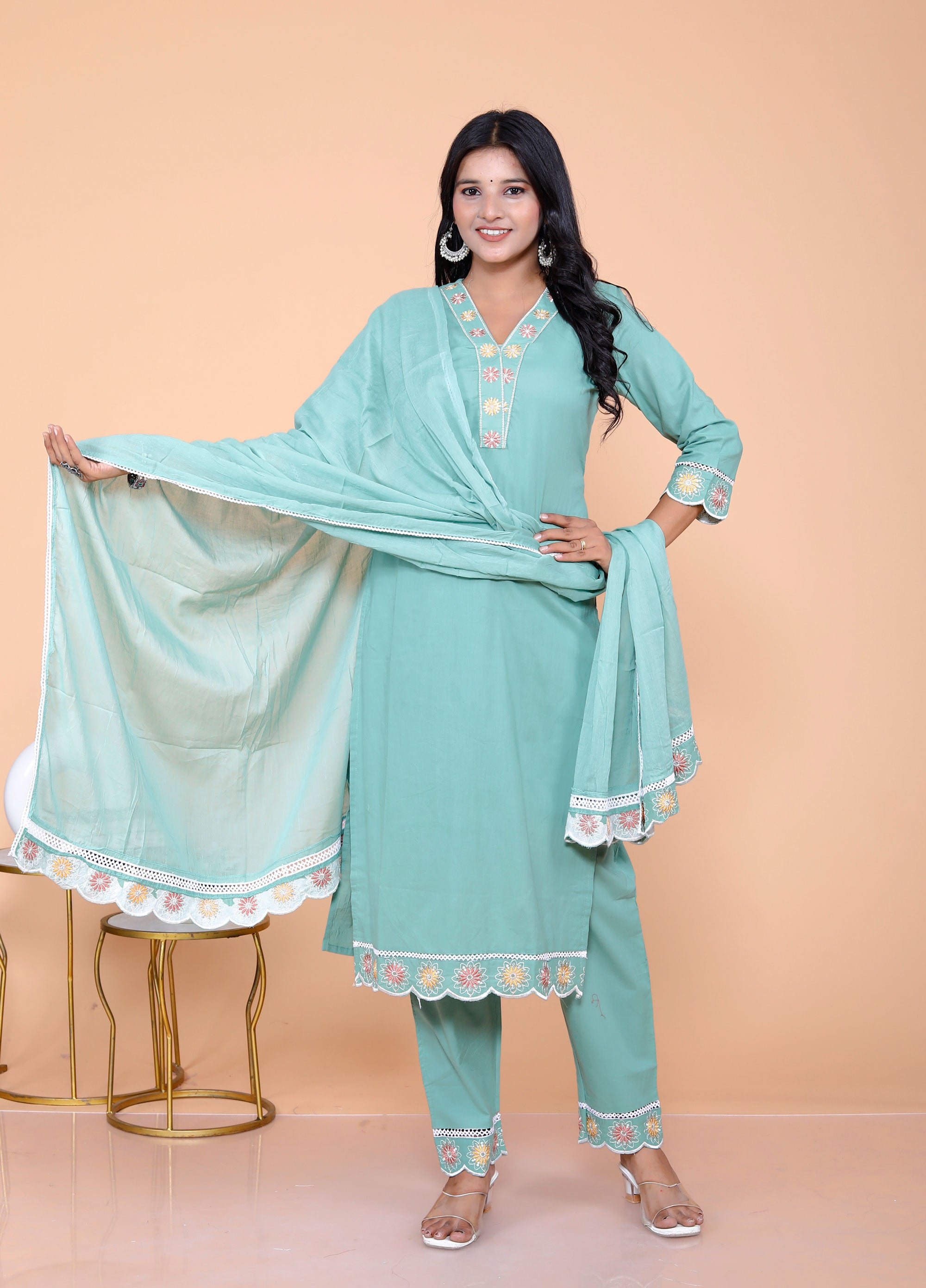 Pure Taj Cotton Embroidered Kurta, Pants & Dupatta Sets