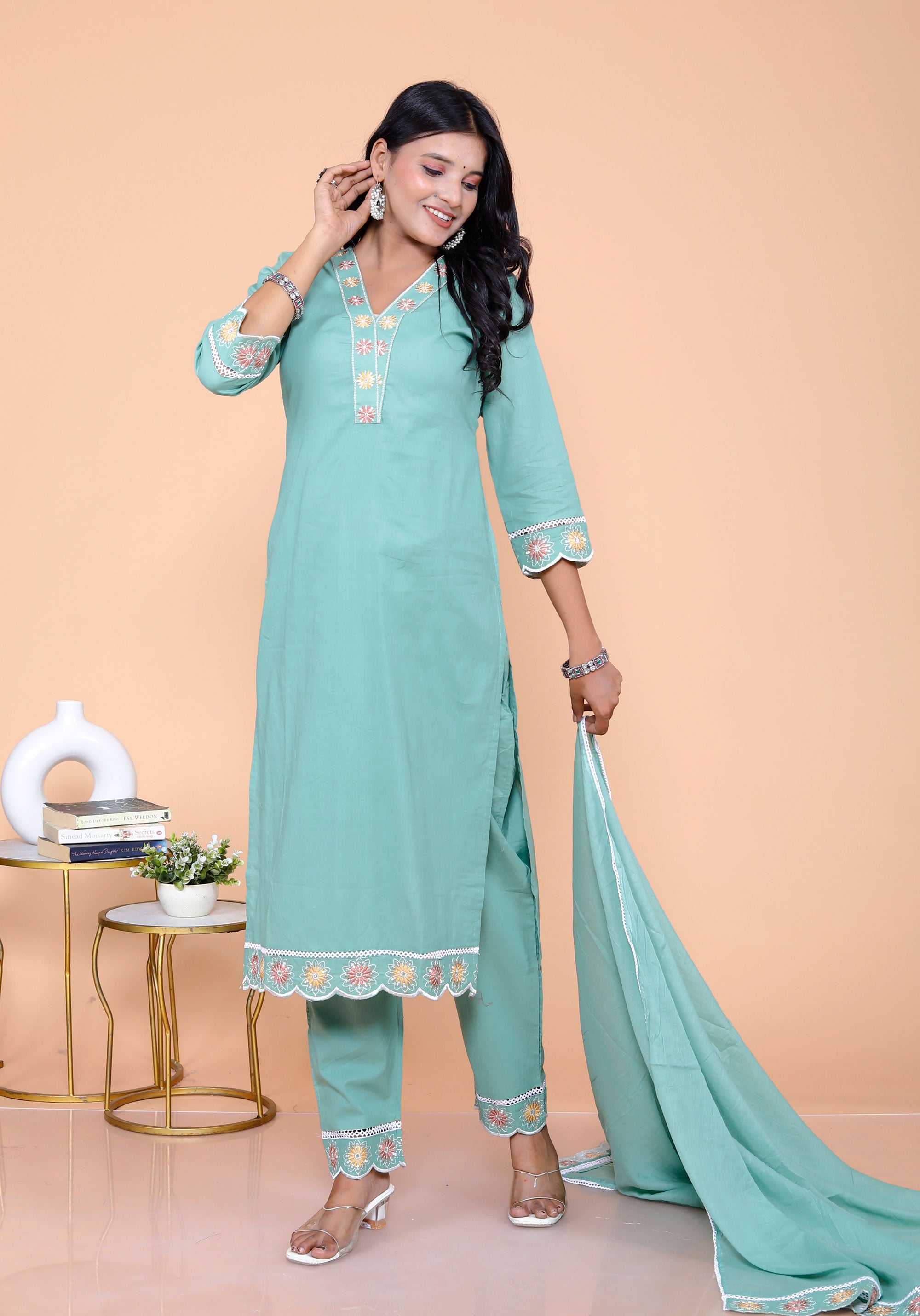 Pure Taj Cotton Embroidered Kurta, Pants & Dupatta Sets