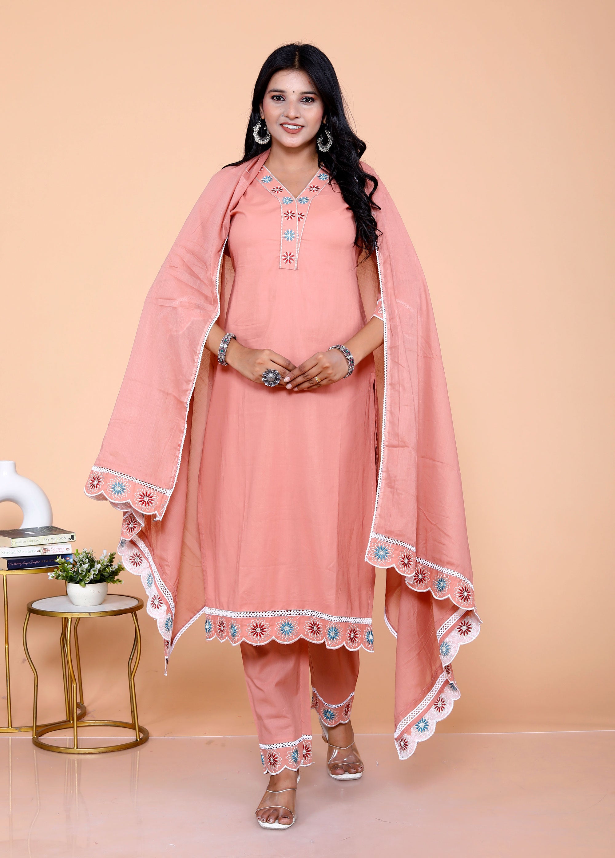 Pure Taj Cotton Embroidered Kurta, Pants & Dupatta Sets