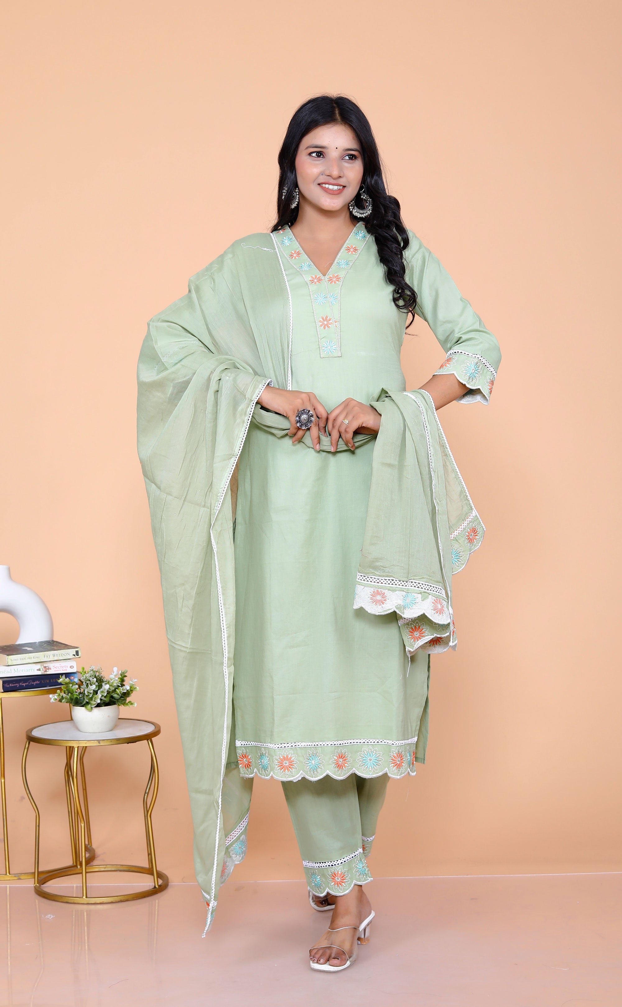 Pure Taj Cotton Embroidered Kurta, Pants & Dupatta Sets