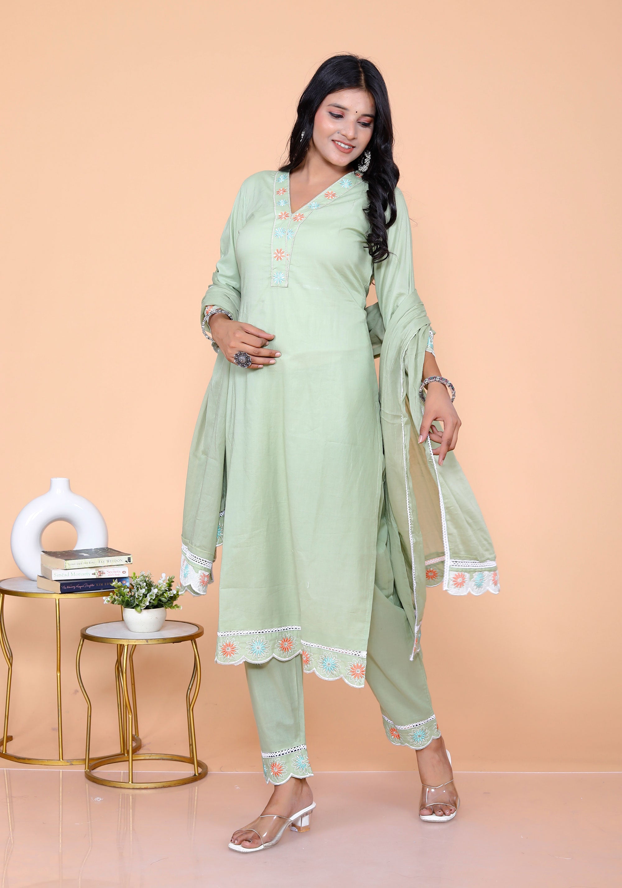 Pure Taj Cotton Embroidered Kurta, Pants & Dupatta Sets