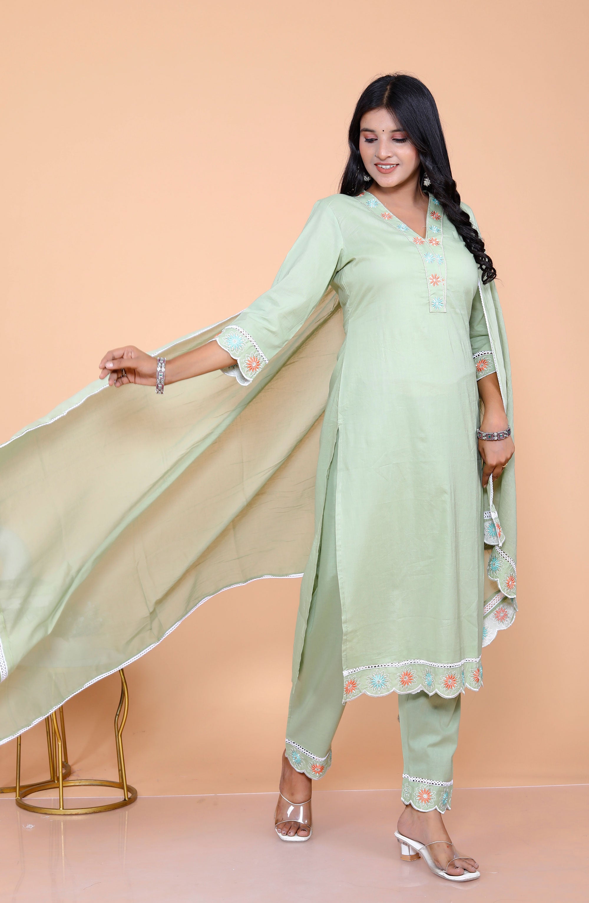 Pure Taj Cotton Embroidered Kurta, Pants & Dupatta Sets