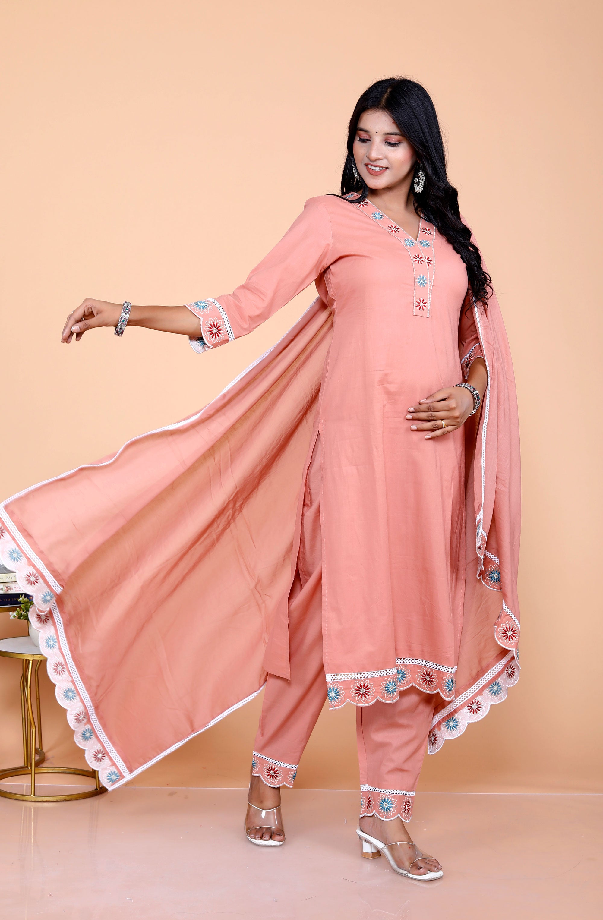 Pure Taj Cotton Embroidered Kurta, Pants & Dupatta Sets