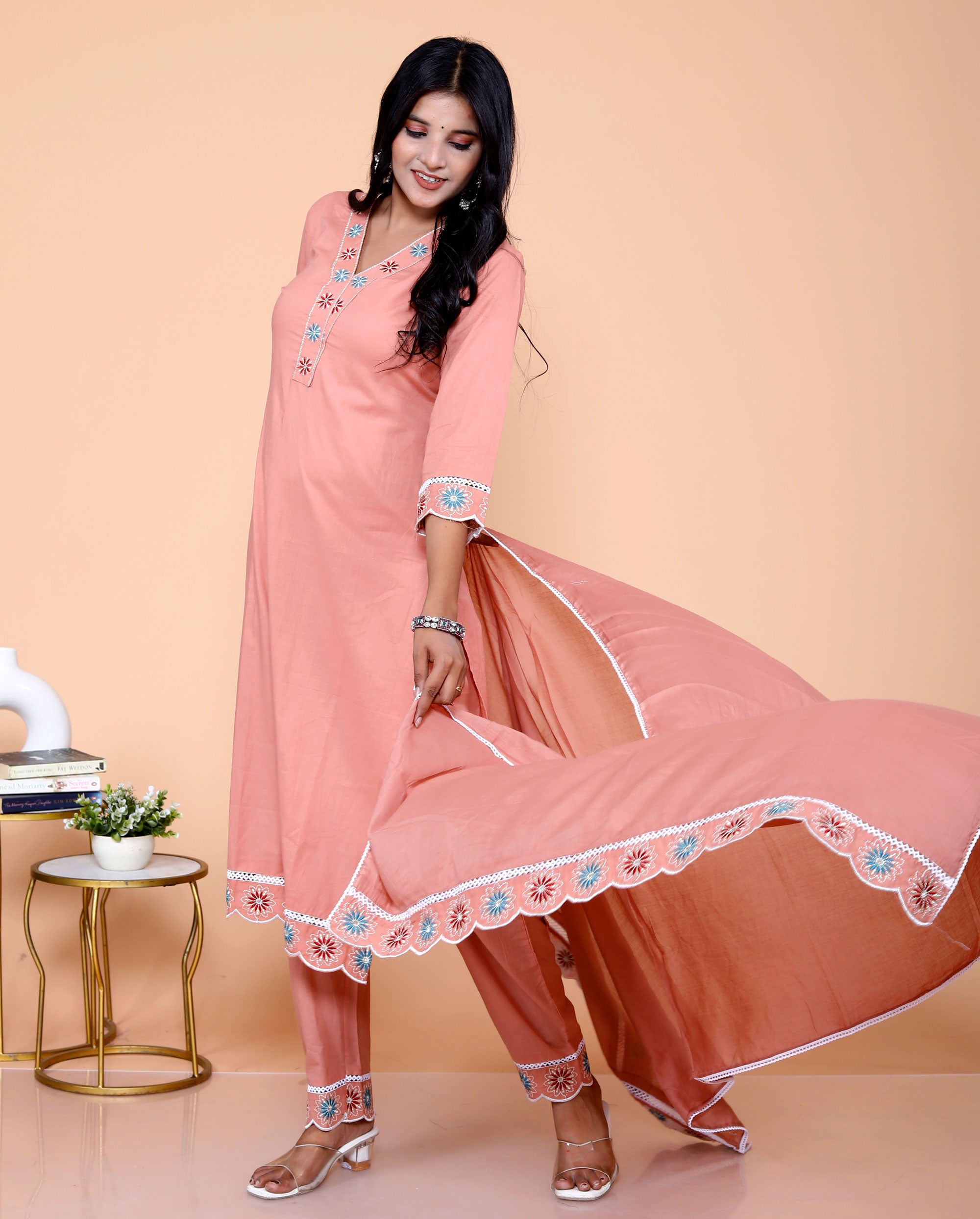 Pure Taj Cotton Embroidered Kurta, Pants & Dupatta Sets