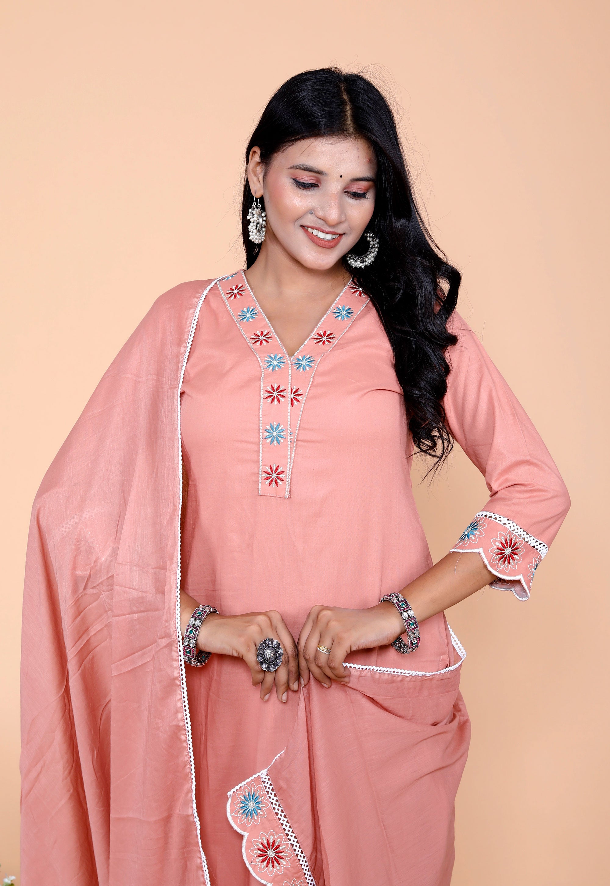 Pure Taj Cotton Embroidered Kurta, Pants & Dupatta Sets