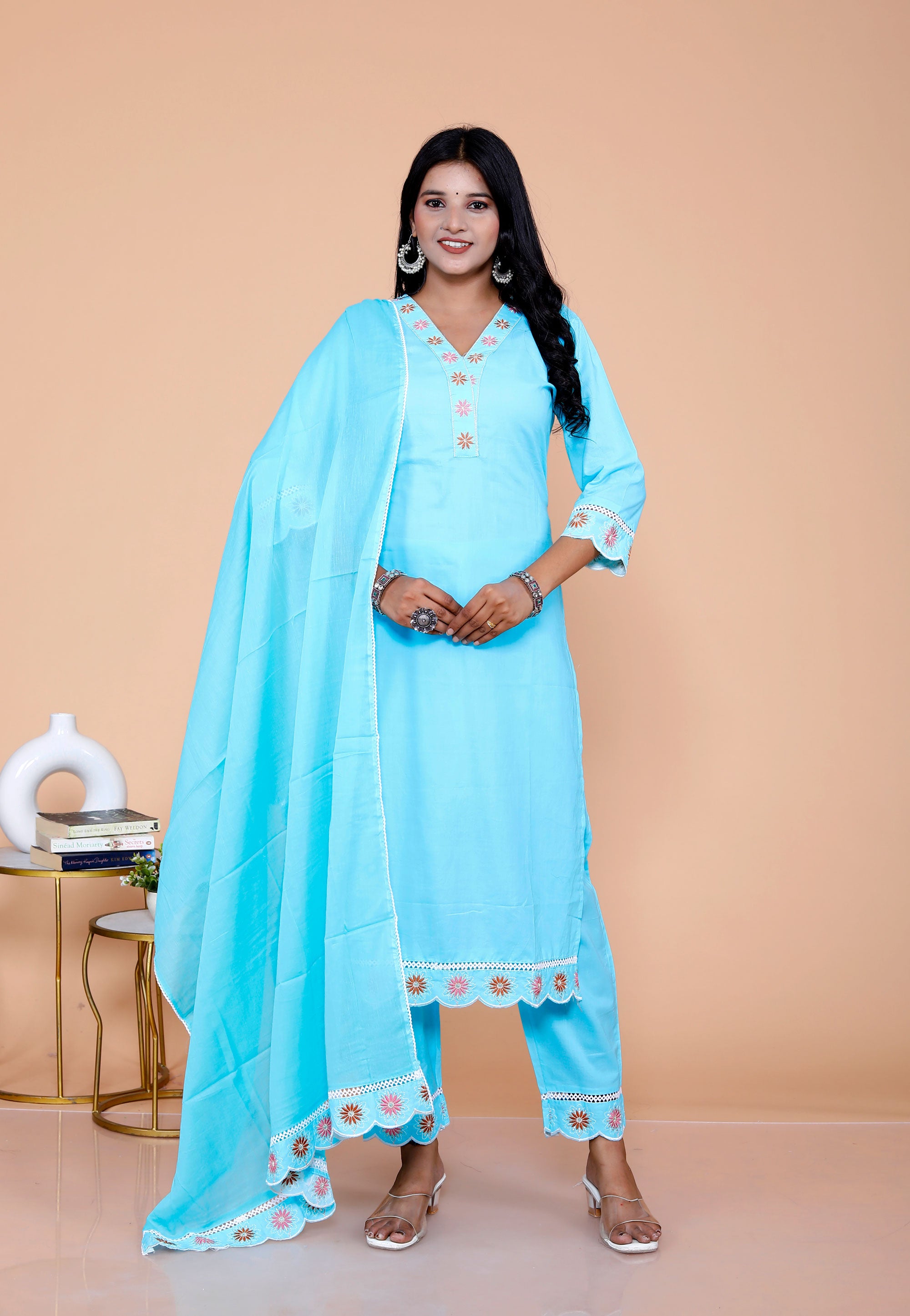 Pure Taj Cotton Embroidered Kurta, Pants & Dupatta Sets