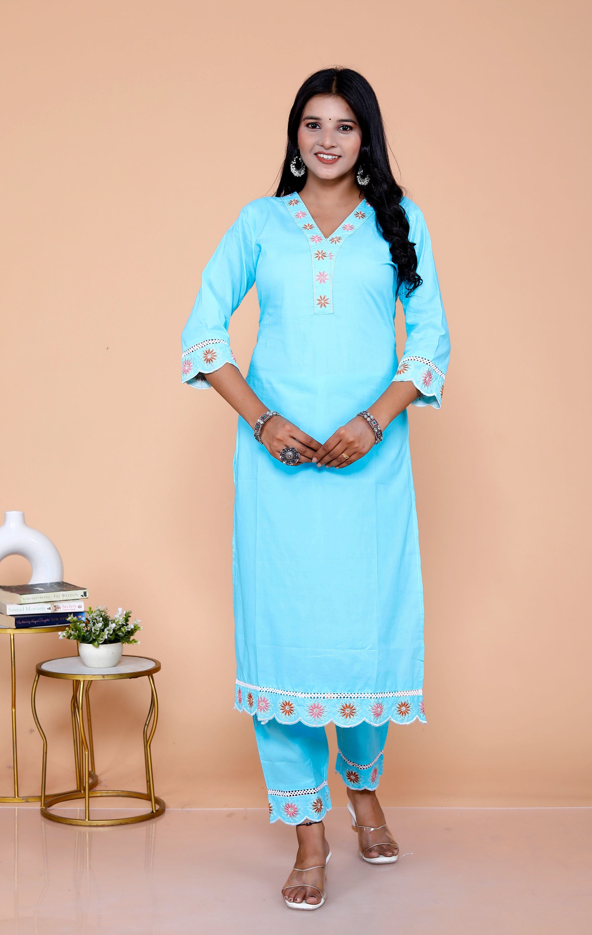 Pure Taj Cotton Embroidered Kurta, Pants & Dupatta Sets