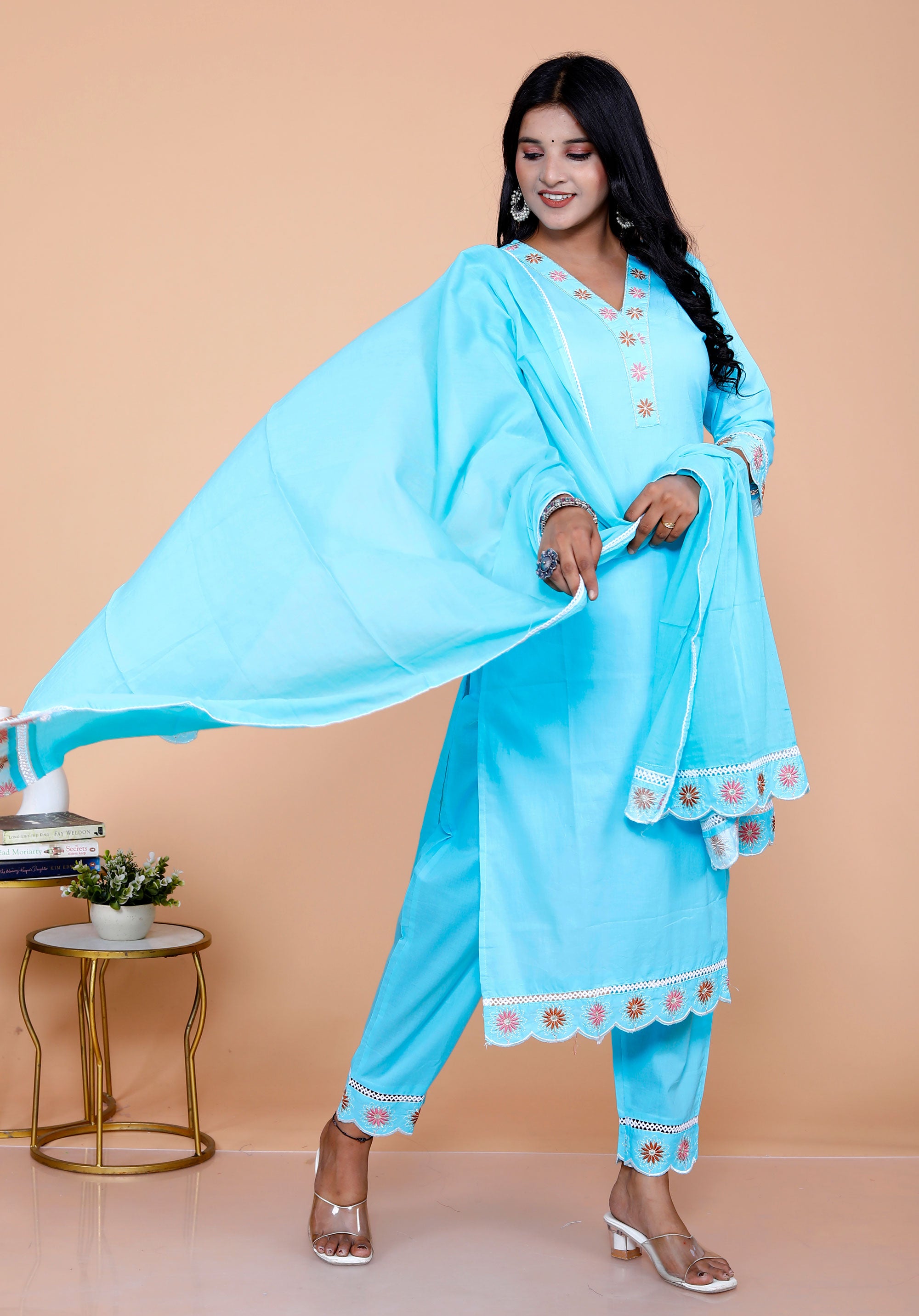 Pure Taj Cotton Embroidered Kurta, Pants & Dupatta Sets