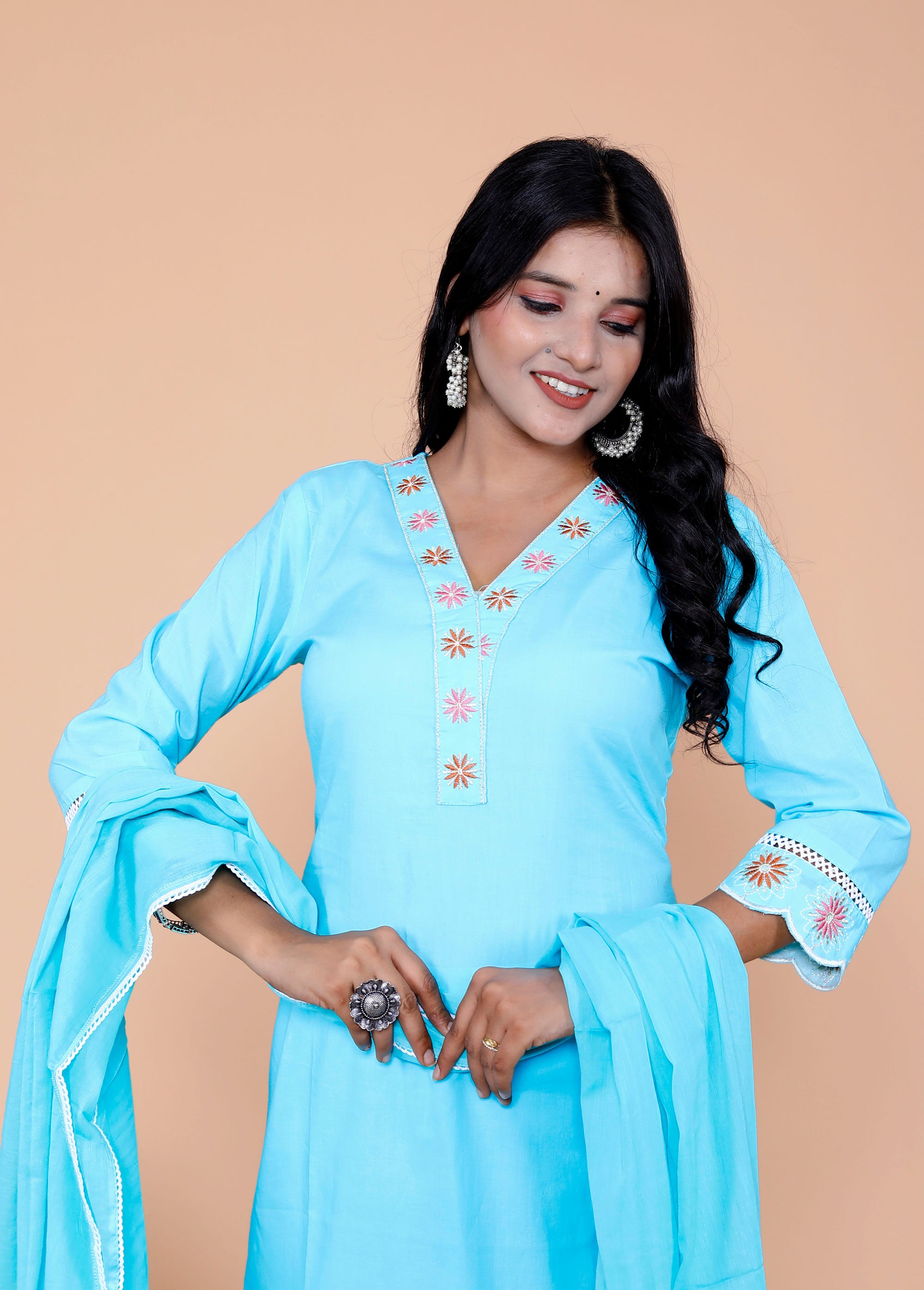 Pure Taj Cotton Embroidered Kurta, Pants & Dupatta Sets