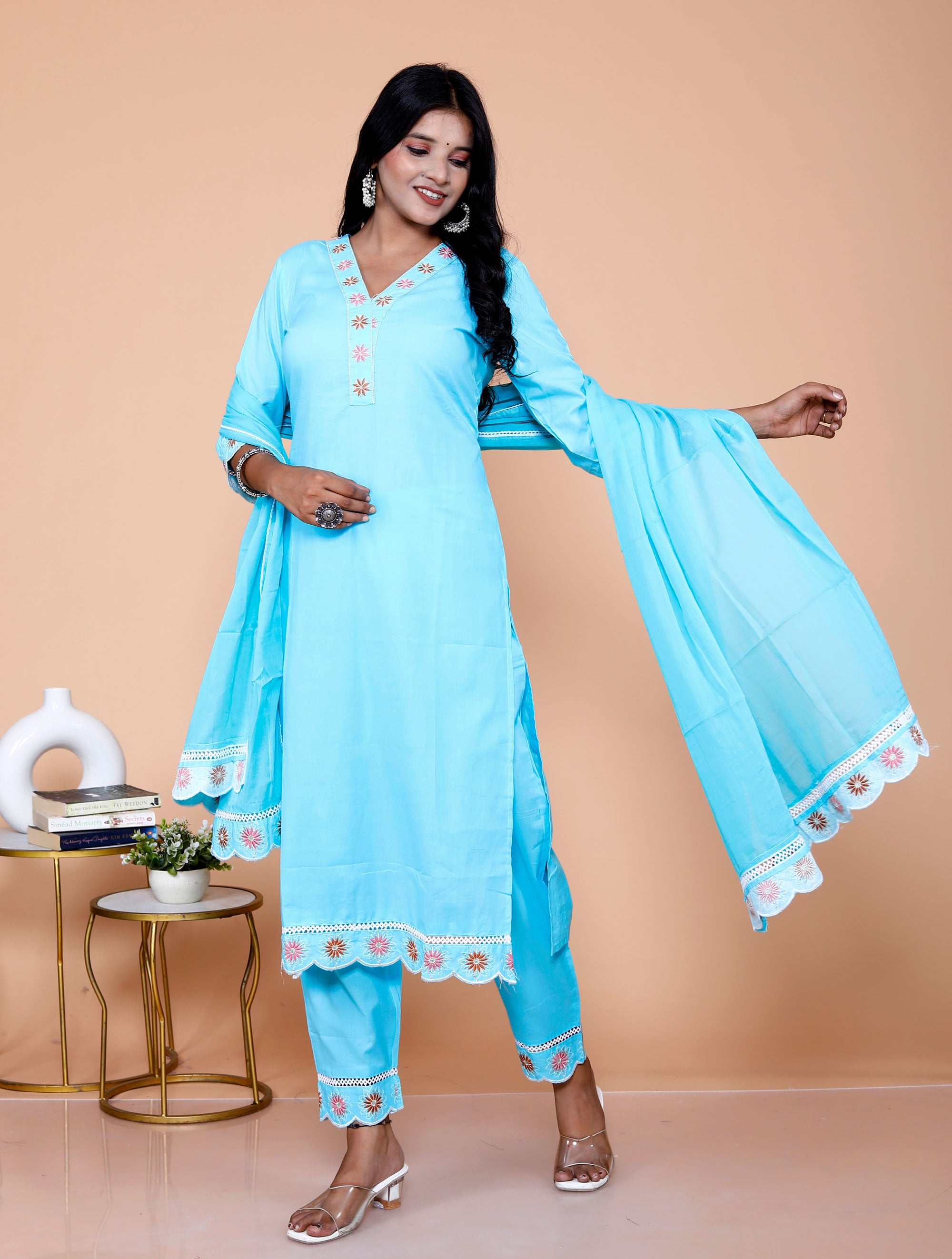 Pure Taj Cotton Embroidered Kurta, Pants & Dupatta Sets