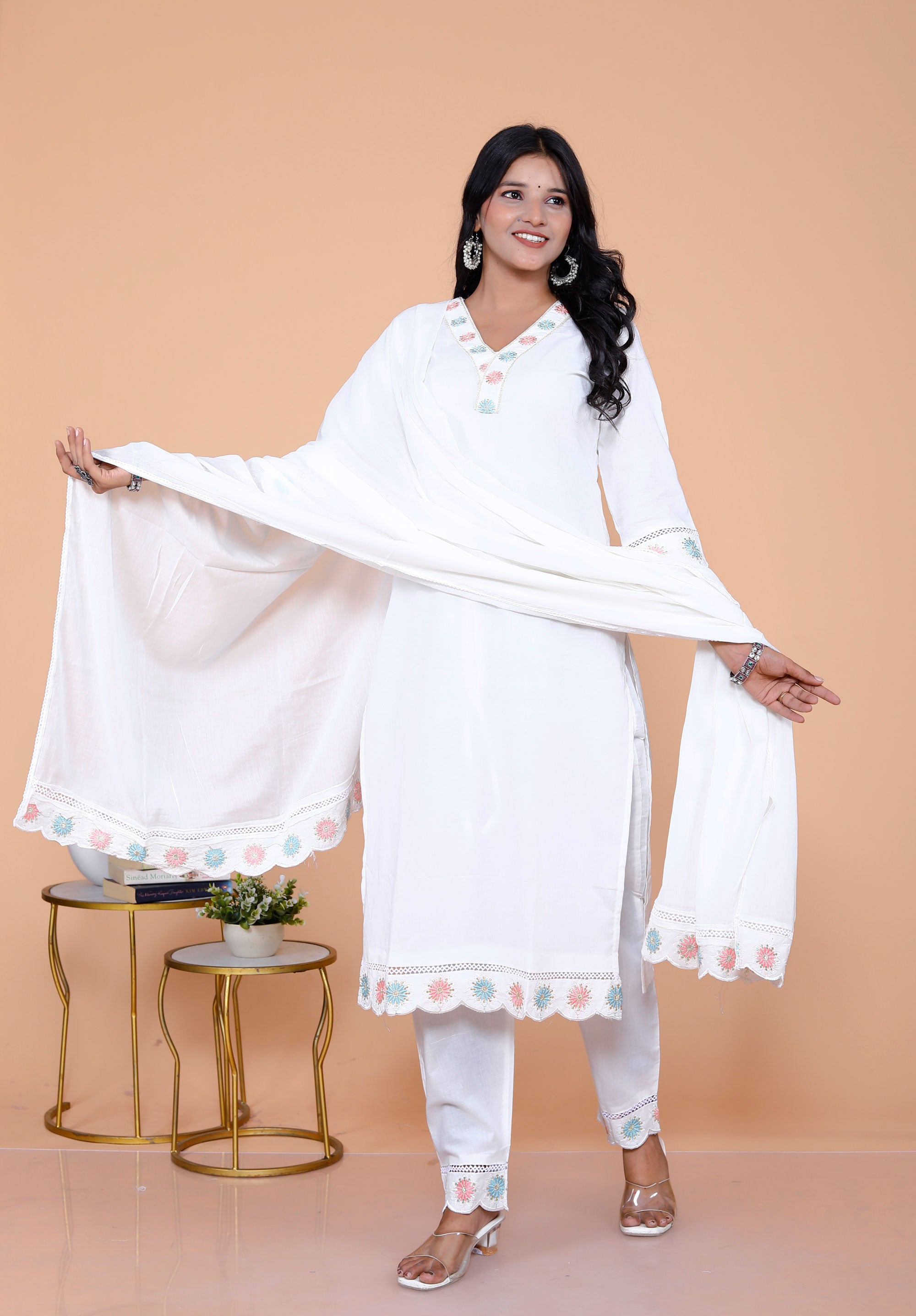 Pure Taj Cotton Embroidered Kurta, Pants & Dupatta Sets