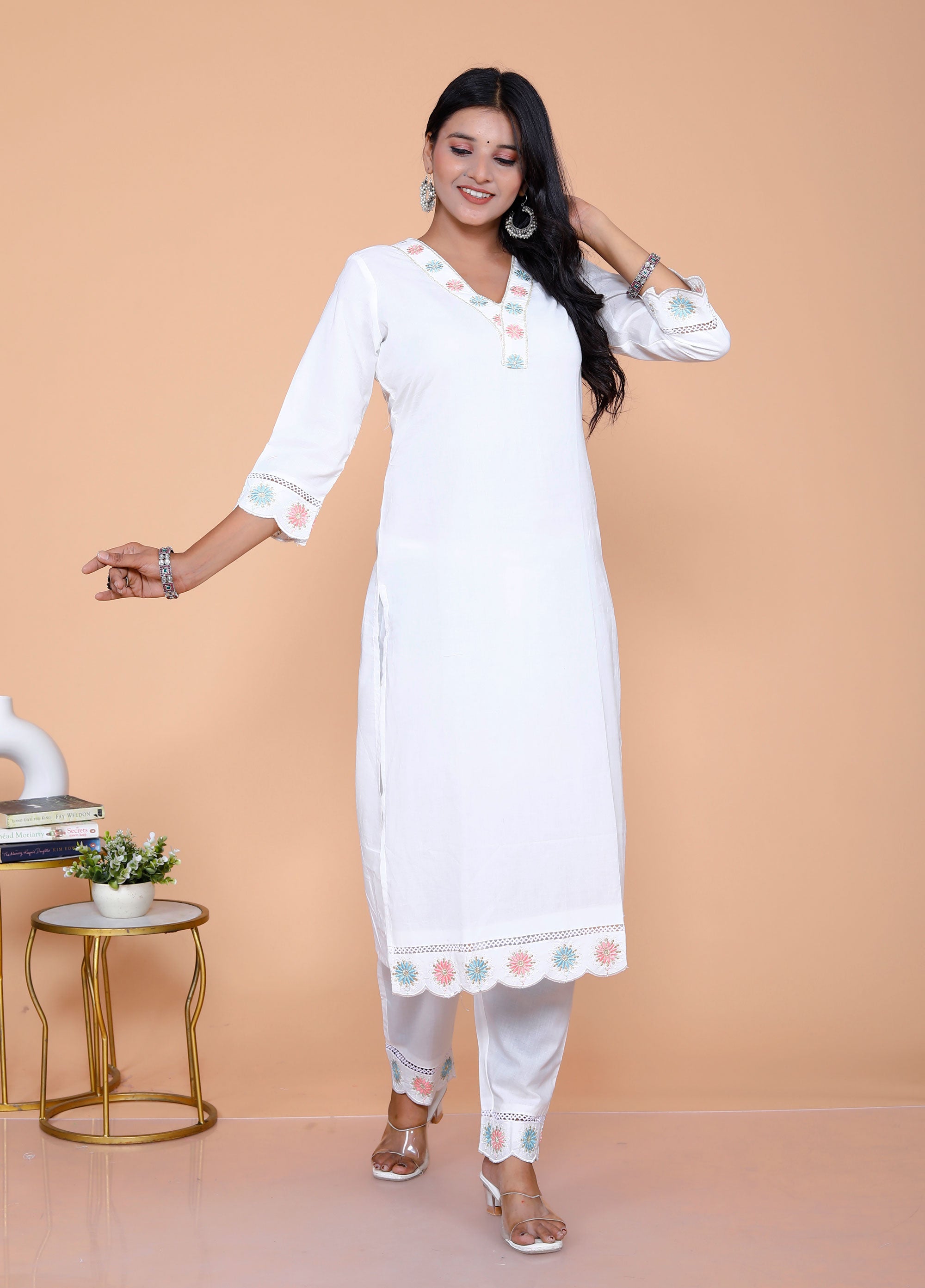 Pure Taj Cotton Embroidered Kurta, Pants & Dupatta Sets