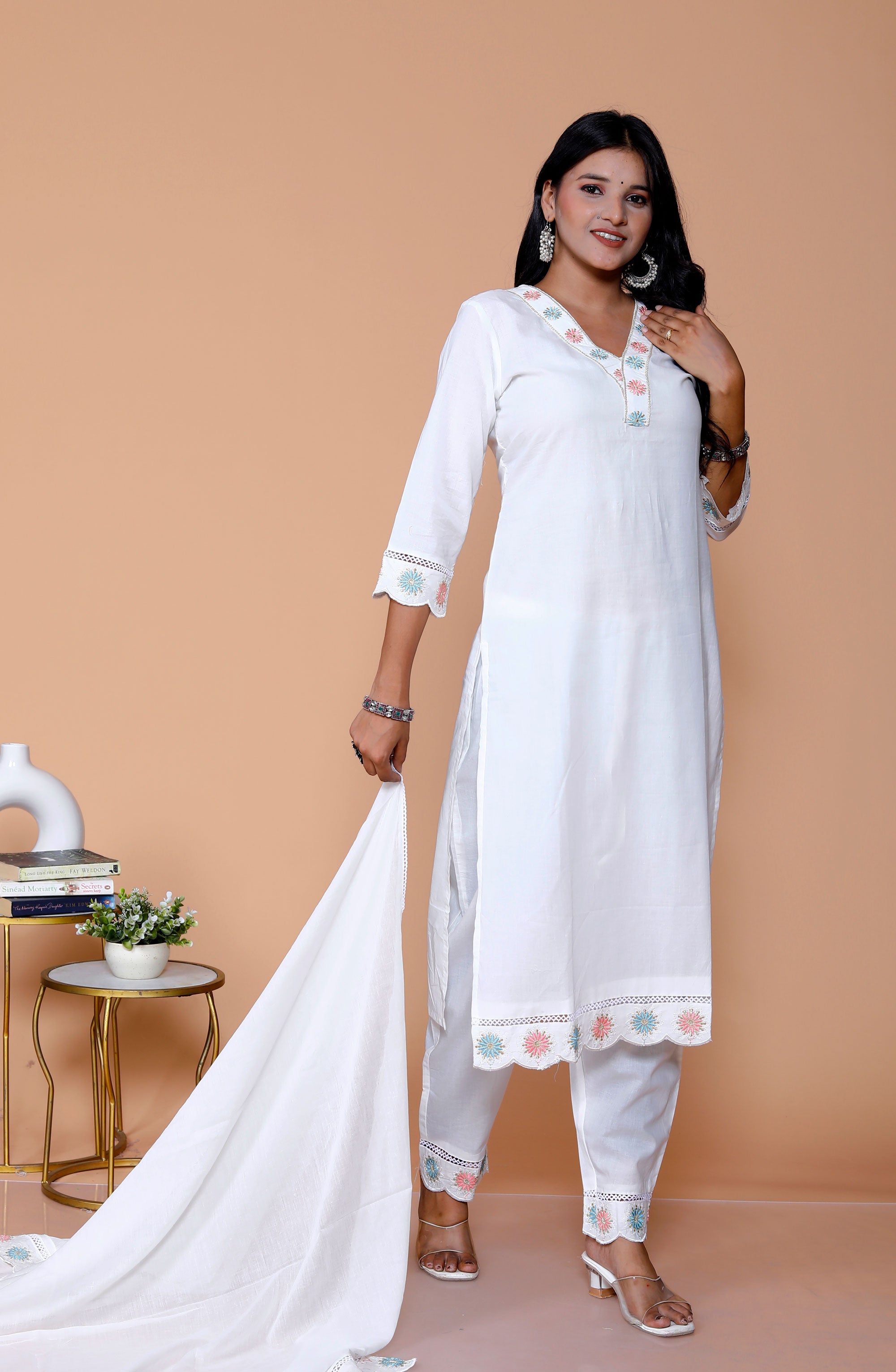 Pure Taj Cotton Embroidered Kurta, Pants & Dupatta Sets