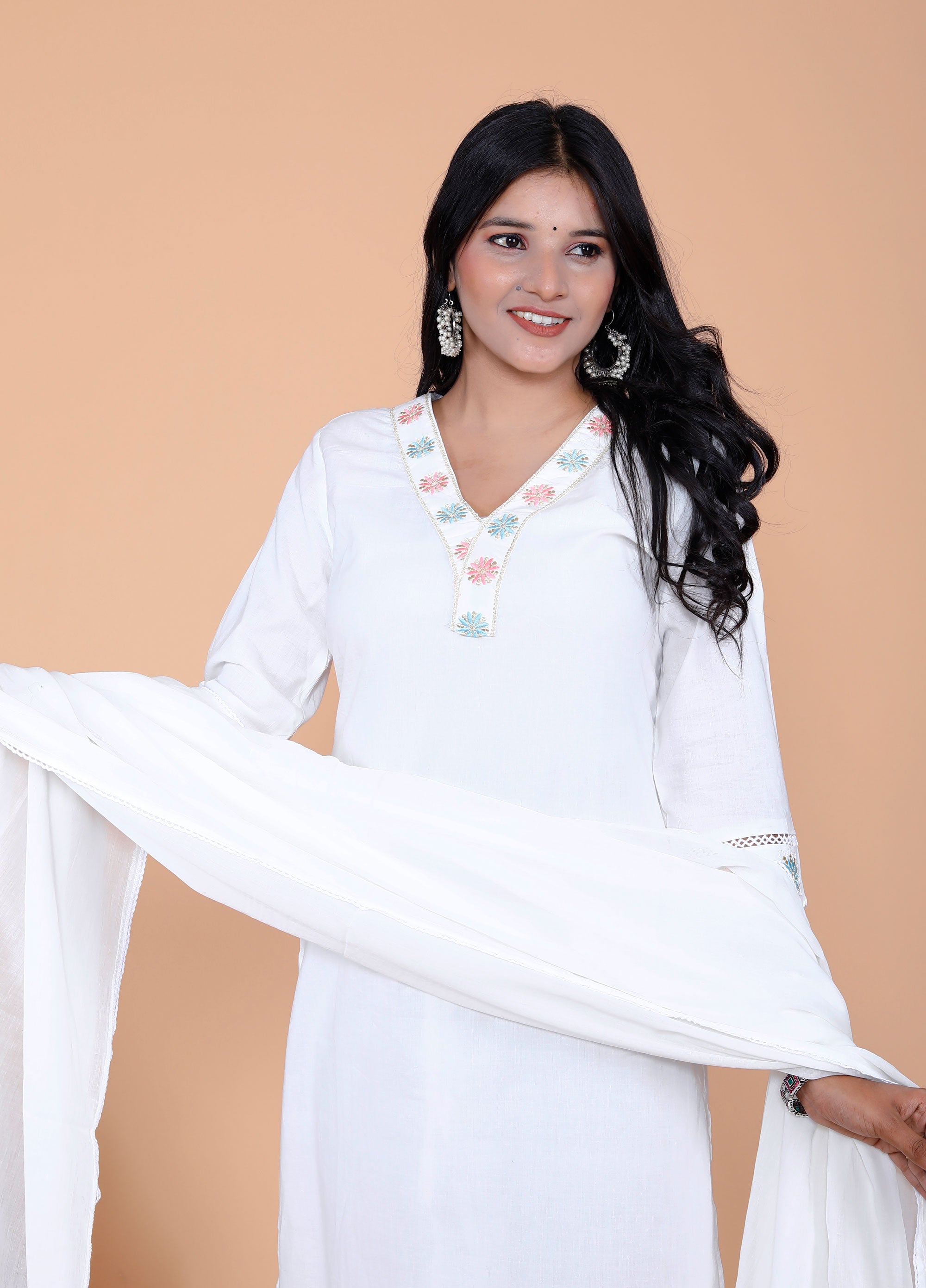 Pure Taj Cotton Embroidered Kurta, Pants & Dupatta Sets