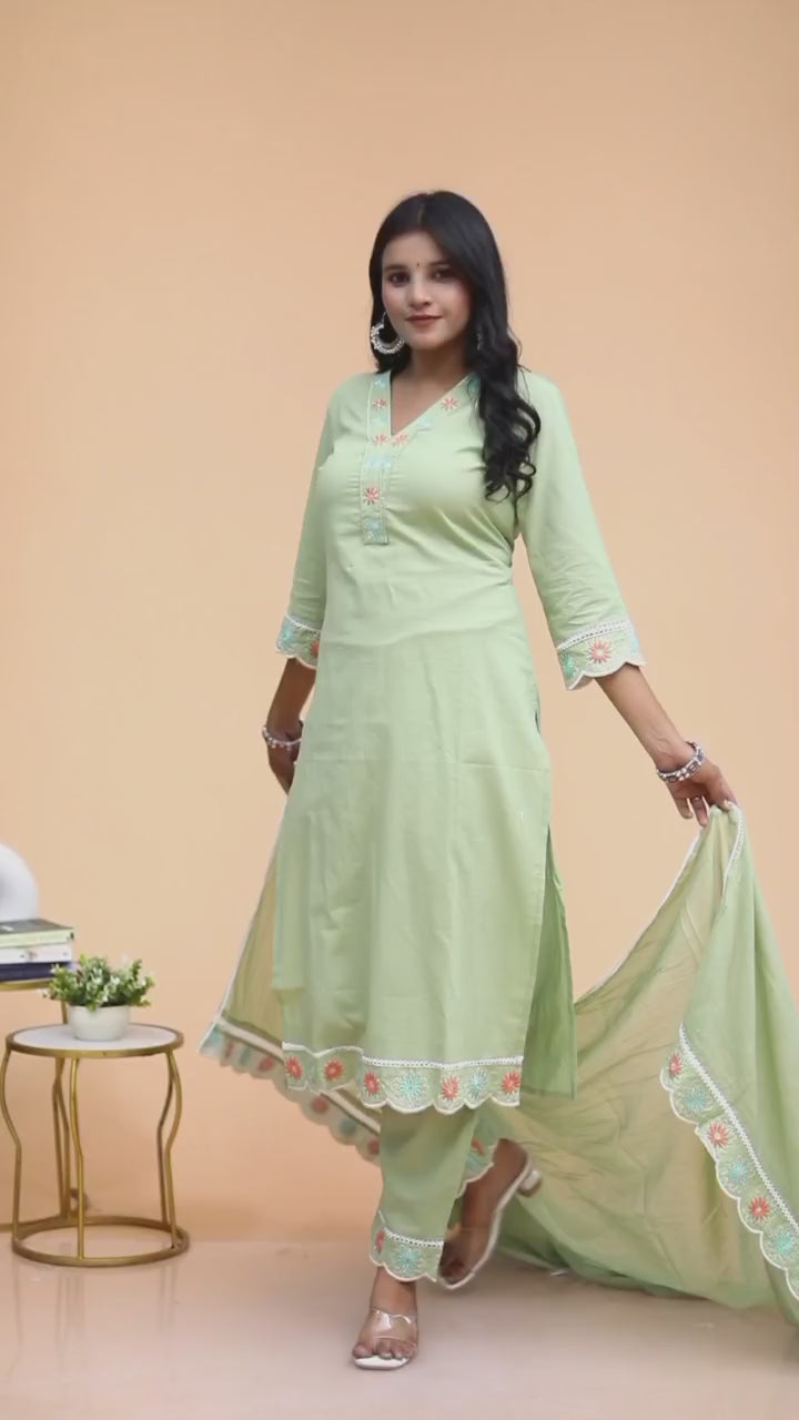 Pure Taj Cotton Embroidered Kurta, Pants & Dupatta Sets